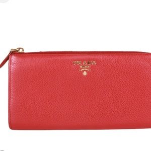 Prada Red Saffiano Leather Zip Around Wallet